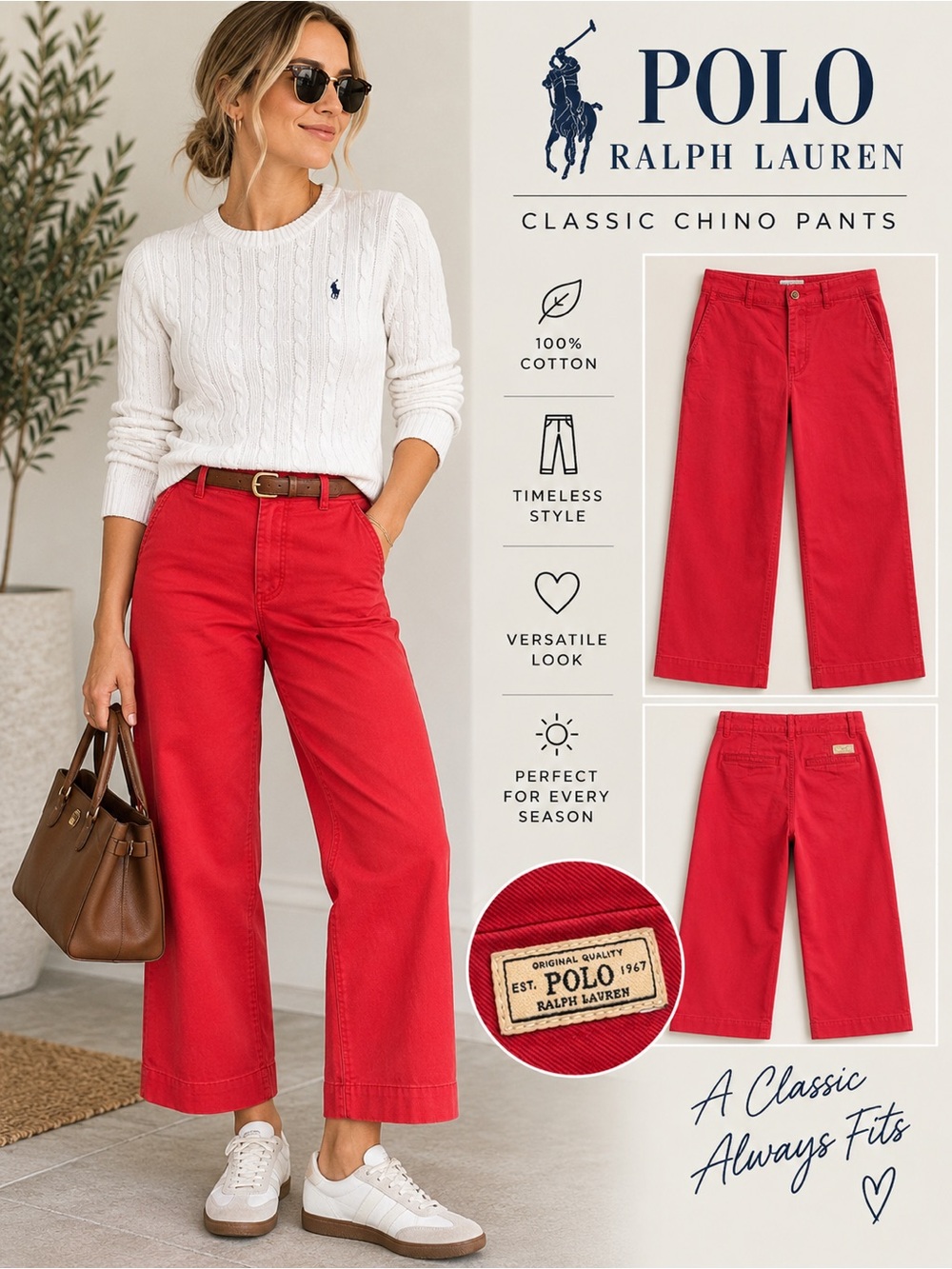 Polo Ralph Lauren Size 0 Coral Red Wide Leg Chino Pants Cropped Preppy Cotton